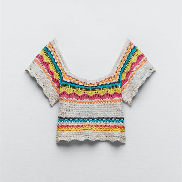 Blusa Tejida Colorblock a Rayas con Mangas Cortas Caladas