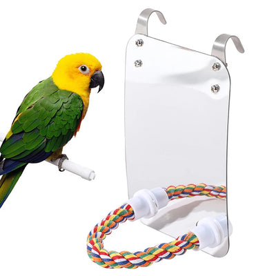 Parrot toy with a rectangular acrylic mirror and a colorful braided rope perch, designed to hang in a birdcage. - Image 7
