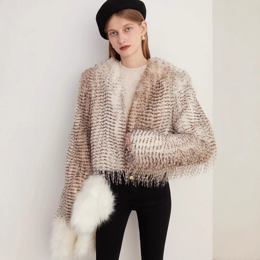 Chaqueta de Invierno para Mujer con Estampado Jacquard y Cuello de Peluche