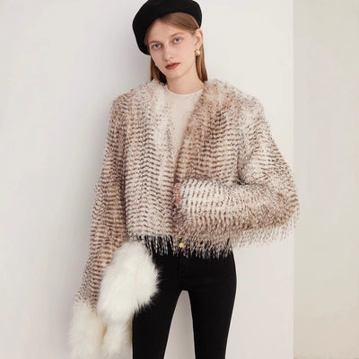 Chaqueta de Invierno para Mujer con Estampado Jacquard y Cuello de Peluche