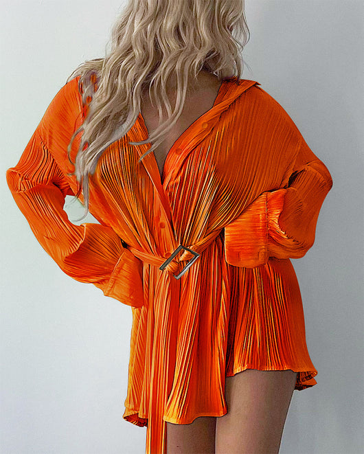 Vestido Camisero Plisado para Mujer - Manga Larga Versátil - Image 11