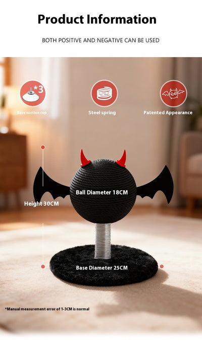 Black cat scratching toy with a sisal-wrapped ball, red devil horns, and black bat wings on a spring base. - Image 15