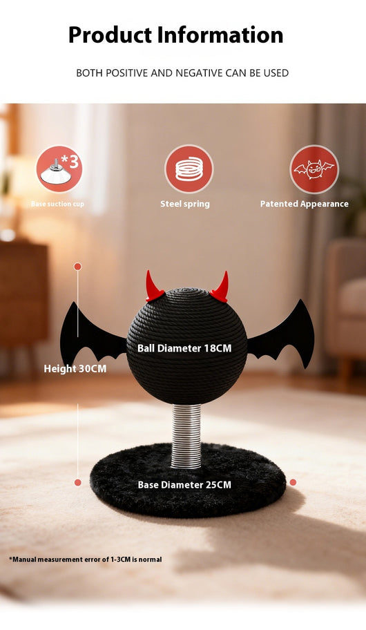 Black cat scratching toy with a sisal-wrapped ball, red devil horns, and black bat wings on a spring base. - Image 15