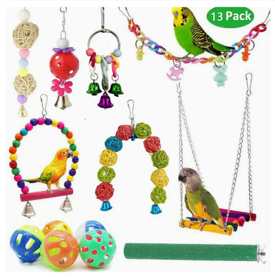 15-piece set of colorful wooden parrot toys including swings, ladders, chewing balls, and bells for birds. - Image 7