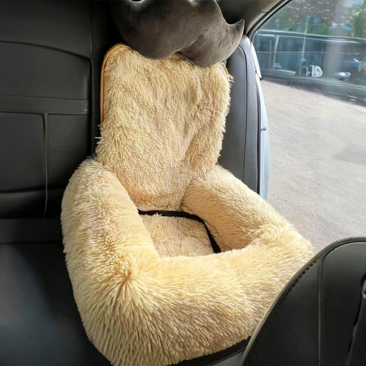 Dark gray plush pet bed with a high back and safety leash, designed for indoor use or as a car seat pad. - Image 16