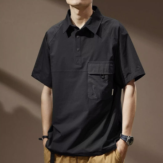 Men's khaki short-sleeve polo shirt with a lapel collar, three buttons, and a large flap chest pocket with a D-ring. - Image 9