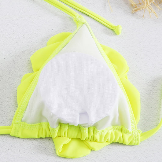 Neon yellow women's bikini with 3D floral details on the triangle top and a high-cut bottom. - Image 11