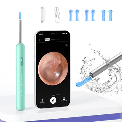 Blue wireless ear endoscope with camera, displaying an ear canal view on a smartphone, with various silicone ear spoon heads, charging cable, and storage jar. - Image 7