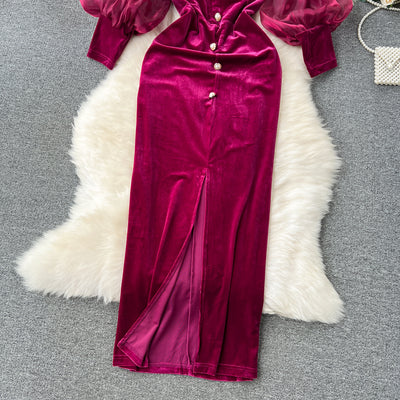 Vestido Vintage de Terciopelo Lujo Accesible con Mangas Farol - Image 3
