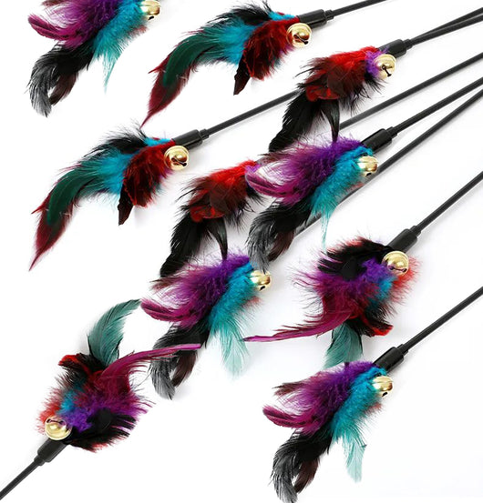 Three cat teaser wands with black sticks, colorful feathers in purple, red, and teal, and small gold bells. - Image 9