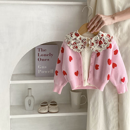 Cardigan de Punto Rosa con Corazón para Bebé Niña - Suéter Infantil Cuello V