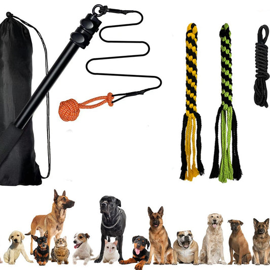 Telescopic dog teasing rod toy with black foam grip and multiple colorful rope attachments, including a carrying bag. - Image 2