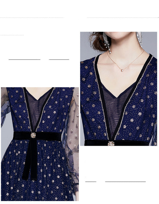 Vestido de Fiesta para Dama con Malla y Lunares en la Cintura - Image 11