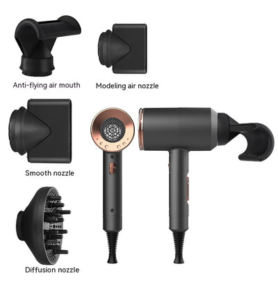 Dark gray high-power anion hair dryer with rose gold accents, two concentrator nozzles, and a diffuser. - Image 3