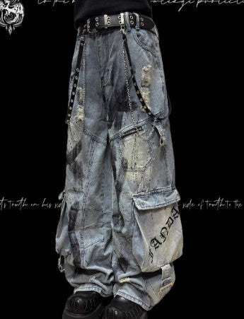 Pantalón Vaquero Ancho Rotos con Bolsillos Múltiples Estilo Urbano Graffiti - Image 5