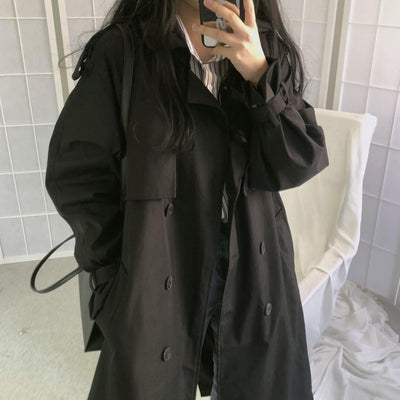 Abrigo Trinchera Negro Mujer Largo Doble Botonadura Ajustable