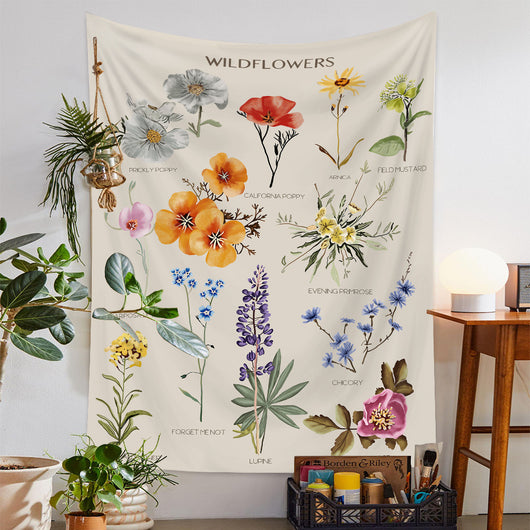 European retro mushroom tapestry with a starry night sky, crescent moon, butterflies, and various colorful fungi and plants. - Image 23