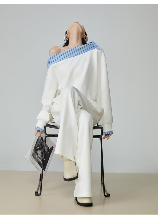 Conjunto de Sudadera y Pantalón Ancho a Rayas Azul y Blanco - Image 2