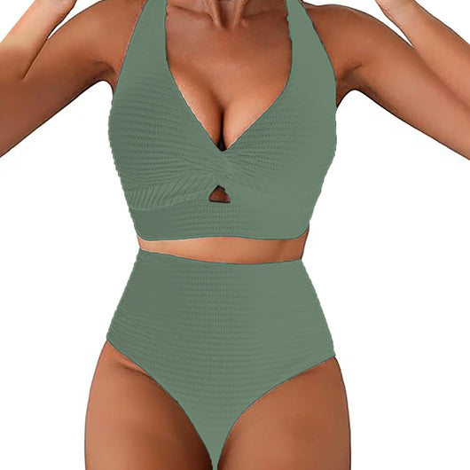 Women's teal ribbed two-piece swimsuit featuring a halter neck top with twisted front and high-waisted bottoms. - Image 19