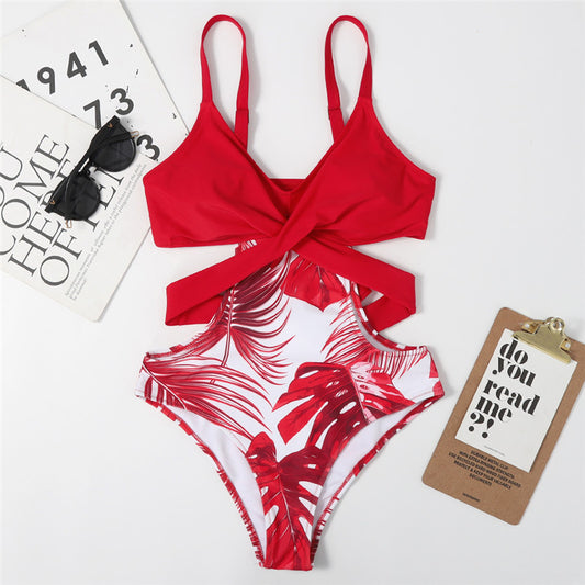 Traje de Baño Estampado Hojas Ajustado Una Pieza para Mujer