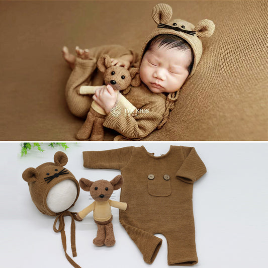 Conjunto Suave de 3 Piezas: Pijama Tejido, Gorro, Muñeca y Ratón - Image 2