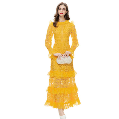 Vestido Largo de Manga Larga con Encaje y Pespuntes
