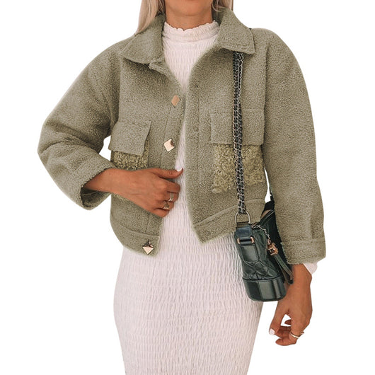 Chaqueta de Piel Sintética Cálida Estilo Europeo Verde Gris - Image 9