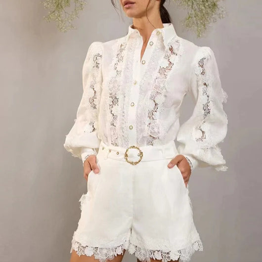 Conjunto Elegante Polo con Encaje Bordado y Short - Estilo Francés Sofisticado