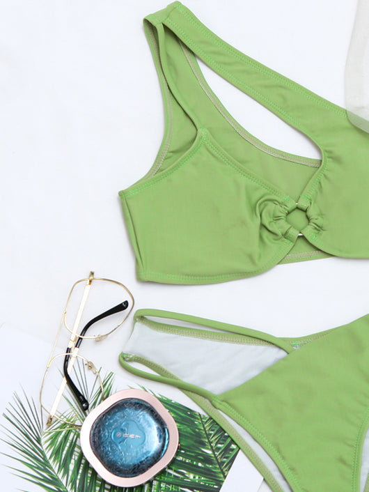 Solid neon orange string bikini with a halter top featuring a keyhole cutout and tie-side bottoms. - Image 22