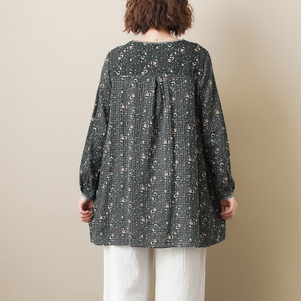 Camisa Retro Floral Suelta de Manga Larga para Otoño