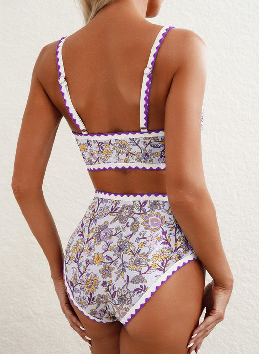 Green and white floral paisley high-waisted bikini swimsuit with scalloped edges on a model. - Image 28