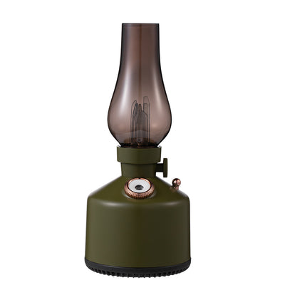 Wood grain kerosene lamp air humidifier with a clear glass-like top and a white light element, featuring a gold control knob. - Image 3