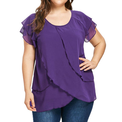 Blusa Chifón Mujer Cuello Redondo Capas Superpuestas Manga Corta - Image 5