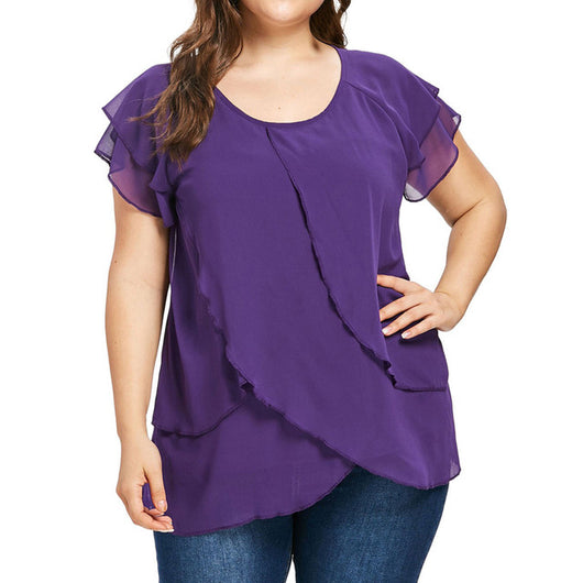 Blusa Chifón Mujer Cuello Redondo Capas Superpuestas Manga Corta - Image 5