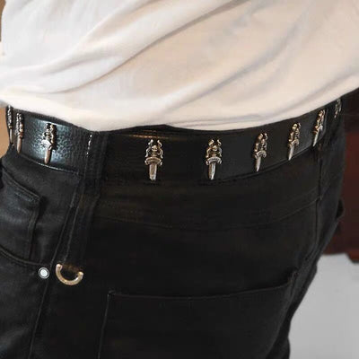 Cinturón Retro Punk de Plata 925 con Rodillo Tallado en Cuero Genuino - Image 6