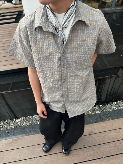 Camisa Cuadriculada Seersucker Suelta para Hombre - Manga Corta Verano - Image 17