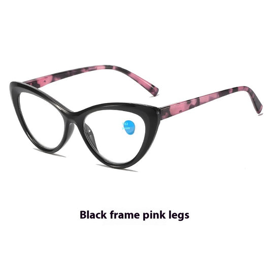 Black cat-eye anti-blue light reading glasses with green patterned temples on a white background. - Image 5