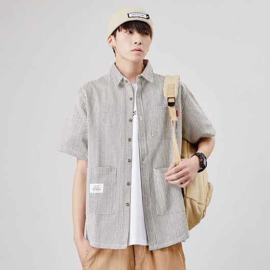 Camisa Suelta a Rayas con Múltiples Bolsillos para Hombre - Image 12