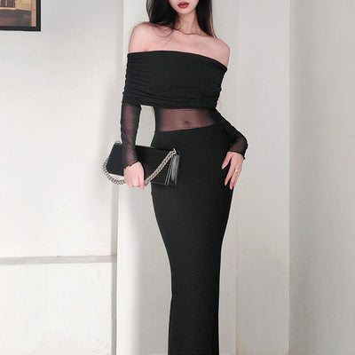 Vestido Largo de Invierno Elegante con Hombros Descubiertos y Pliegues - Image 2