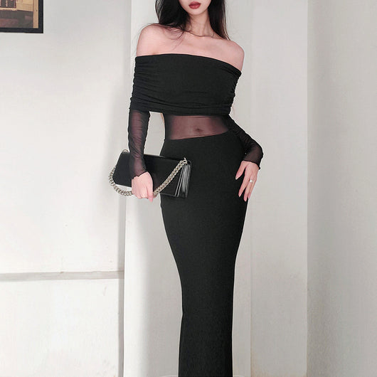 Vestido Largo de Invierno Elegante con Hombros Descubiertos y Pliegues - Image 2