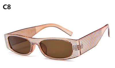Yellow rectangular sunglasses with clear rhinestone-studded frames and matching yellow lenses. - Image 4