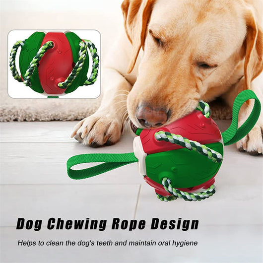 Red and green interactive dog football soccer ball with rope and fabric tabs for training and outdoor play. - Image 27