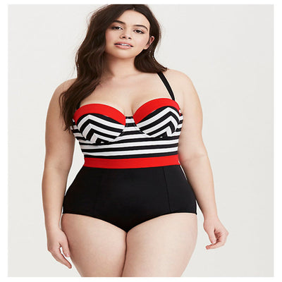 Traje de Baño Enterizo Tallas Grandes con Estampado de Rayas Blanco y Negro - Image 9