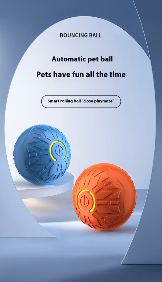 Upgraded blue electric jumping ball for pets with a yellow power button, made of chewable silicone, on a white pedestal. - Image 17