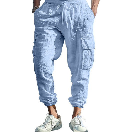 Pantalones Casuales de Algodón y Lino con Múltiples Bolsillos y Cordón Ajustable - Image 9
