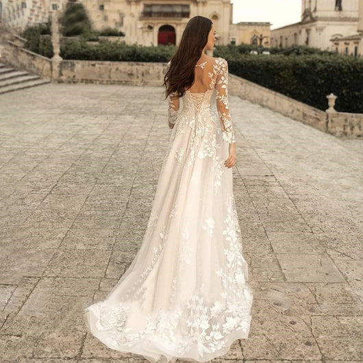 Vestido de Novia Manga Larga Estilo Mori Cuello Redondo Minimalista - Image 4