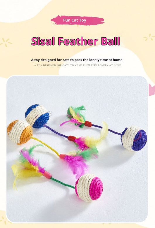 Four sisal ball cat toys with colorful feathers in pink, purple, blue, and teal stripes, for playing and grinding claws. - Image 9