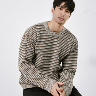 Suéter de Cuello Redondo Tejido a Rayas para Hombre - Abrigo Cálido Invierno