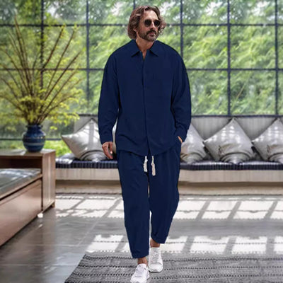 Conjunto de Dos Piezas: Camisa de Algodón y Lino + Pantalón Holgado de Manga Larga - Image 3