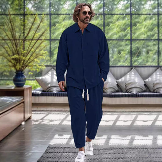 Conjunto de Dos Piezas: Camisa de Algodón y Lino + Pantalón Holgado de Manga Larga - Image 3